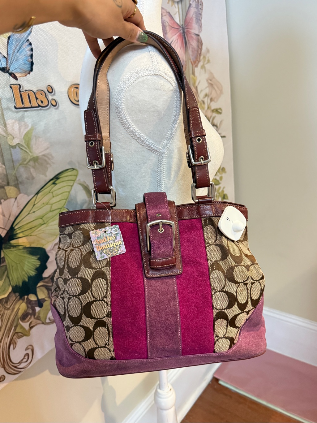 Coach Pink Suede & Signature Canvas Small Tote